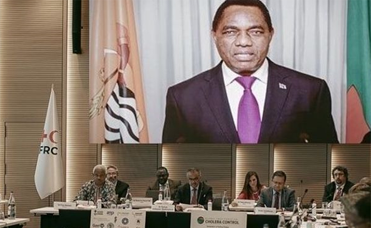 His Excellency Hakainde Hichilema, President of the Republic of Zambia, provides a video address during the 2022 GTFCC Side Event in observance of WHA