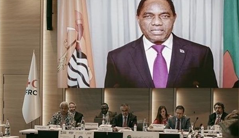 His Excellency Hakainde Hichilema, President of the Republic of Zambia, provides a video address during the 2022 GTFCC Side Event in observance of WHA