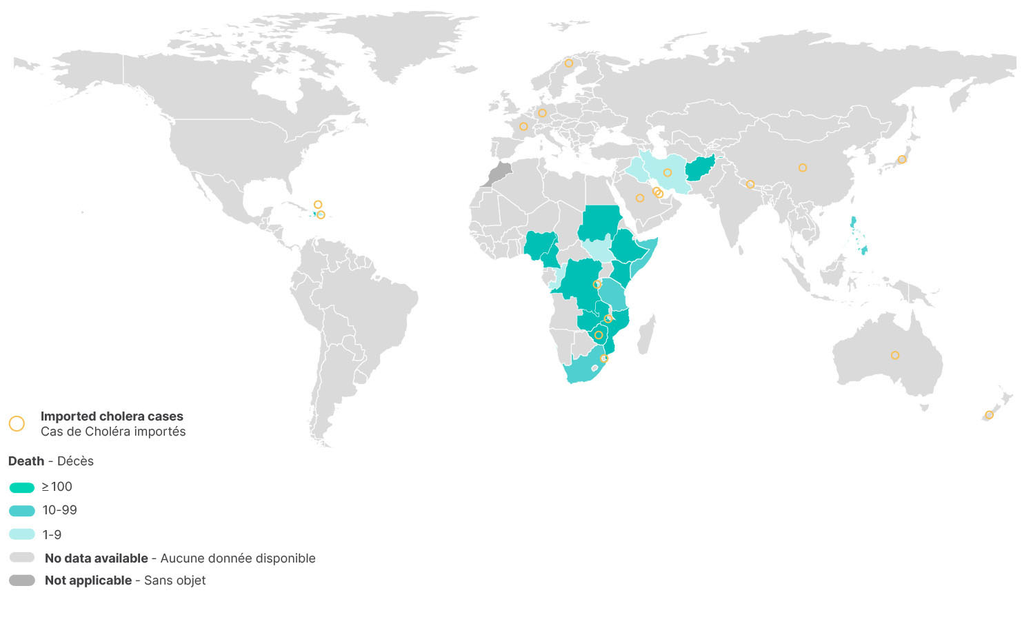 Map of countries reporting cholera cases and imported cases in 2023